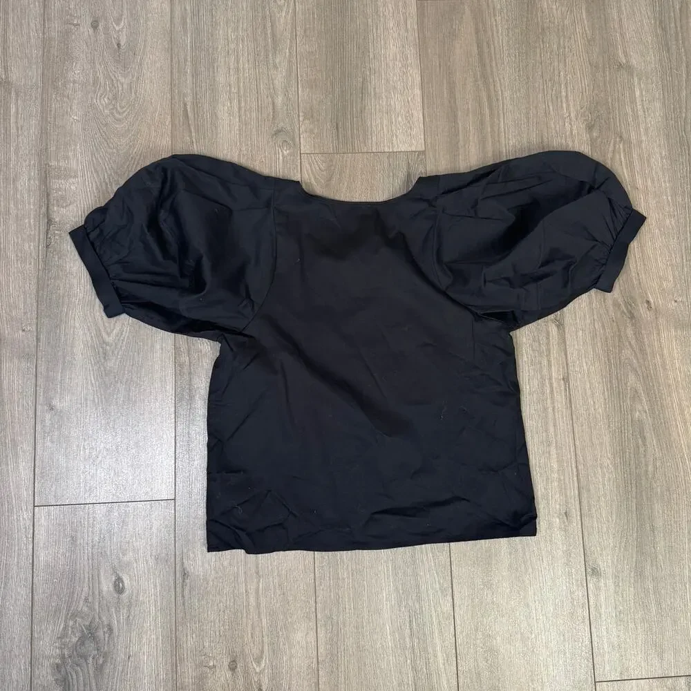 Madewell Scoop Neck Top Puff Short Sleeve Womens XS Black Relaxed Cotton Knit